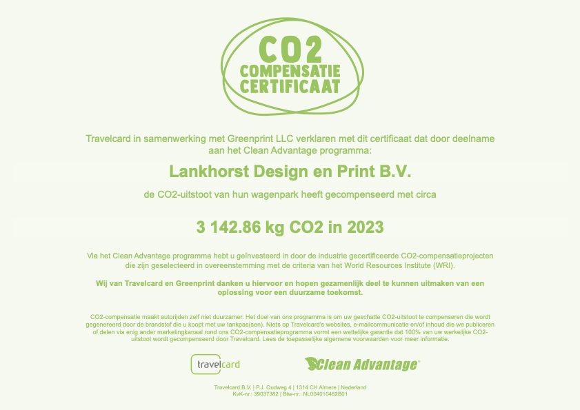 Travelcard CO2 compensatie 2023 Clean Advantage-certificaat-Lankhorst design en print BV